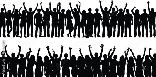 Black silhouettes of large crowd people with raised hands isolated on white background, cheering audience community group celebration vector illustration.