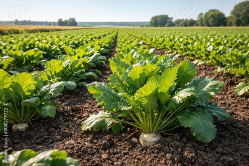 Lush sugar beet plants growing in cultivated farmland under clear sky