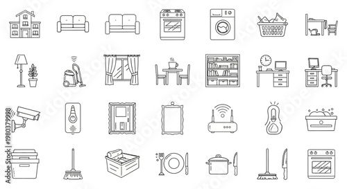 Household cleaning tools and objects icons.
