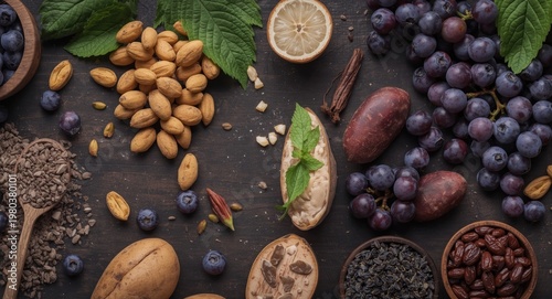 Flat lay of chromium rich healthy foods with grape, potato, and cocoa beans