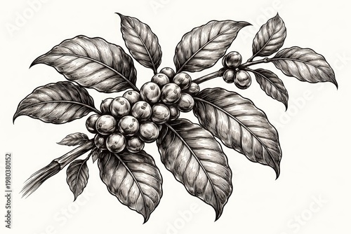 Monochrome graphic line art of coffee plant branch with detailed leaves and fruit cluster