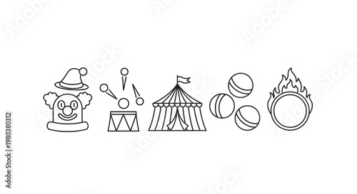 Clown juggling circus icons line.