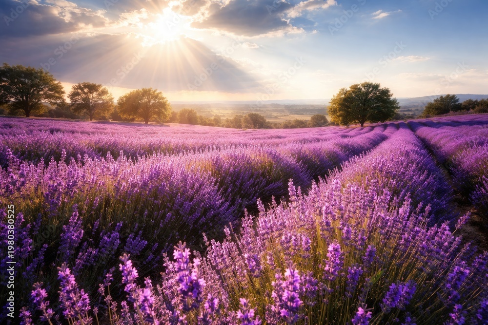 Obraz premium stunning lavender fields glowing under sunlight beams on a bright summer day
