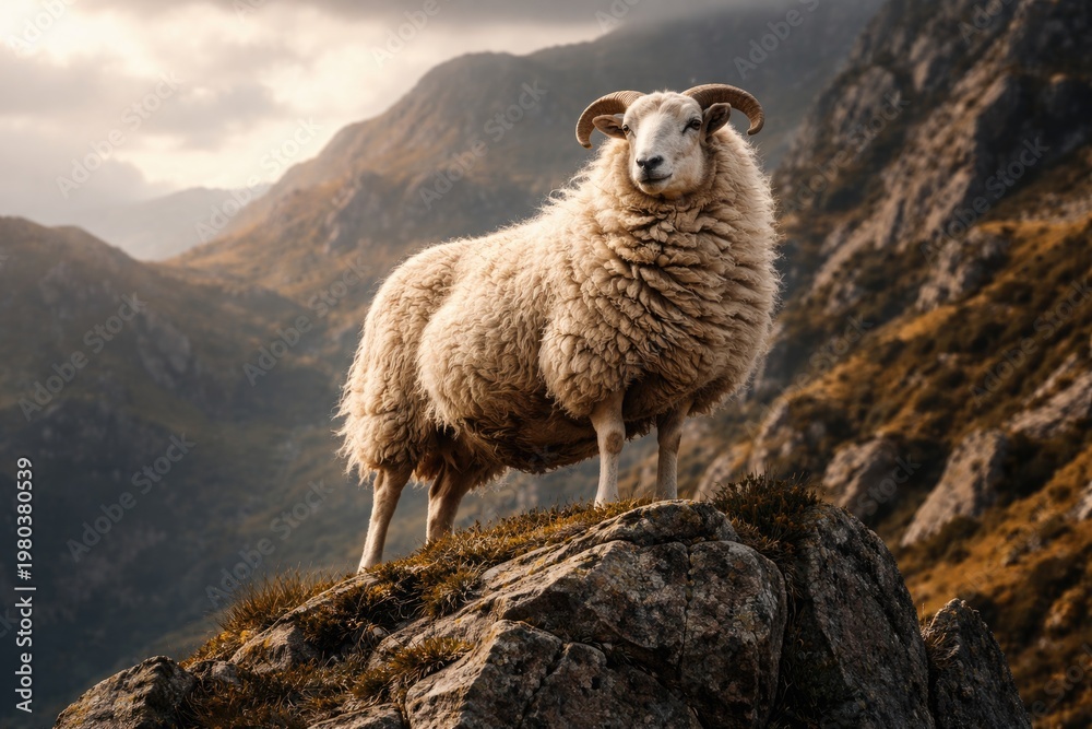 Fototapeta premium A confident ewe perched on a rugged cliff in a natural wildlife setting