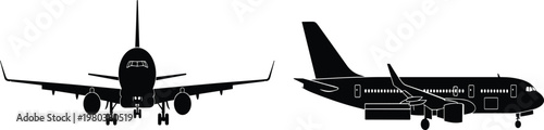 Black, airplane, silhouettes, set, with, commercial, jet, airliner, flying, and, front, view, isolated, on, white, background, vector, illustration, aviation, transport.
