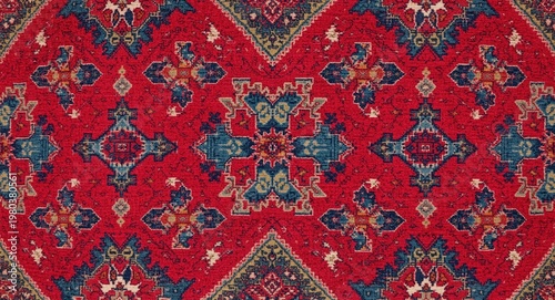 Vivid folk carpet featuring abstract symmetrical geometric patterns