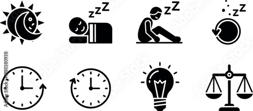 A collection of black and white icons representing sleep, time, and balance in a simple design