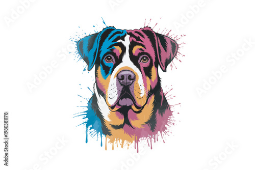 A vibrant colorful portrait of a bernese mountain dog s face with paint splatters showcasing a modern artistic style on transparent background.