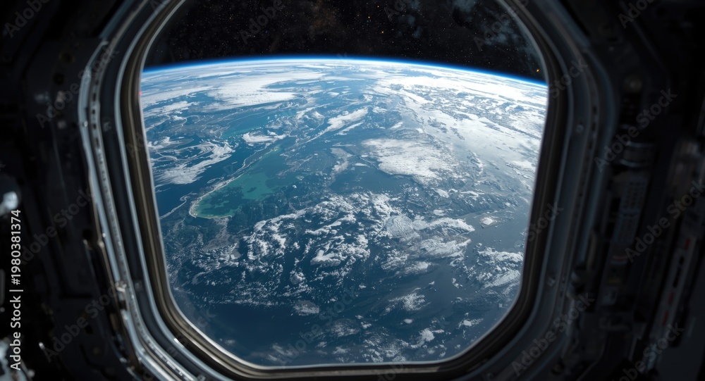 Fototapeta premium Window perspective showing Earth as seen from a space station