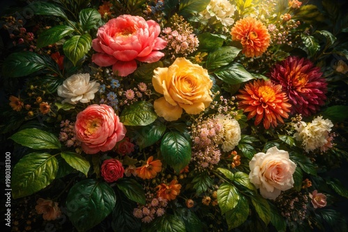 A vibrant floral design featuring lush green leaves and bold blossoms