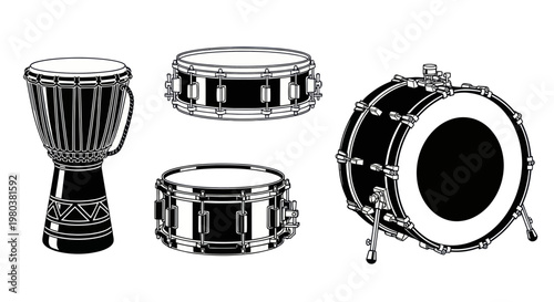 Collection of Drum Instruments: Djembe, Snare Drums, and Bass Drum