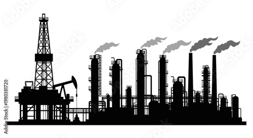 Silhouette of oil refinery complex with oil rig and smoking chimneys