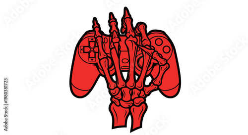 Skeleton Hand Holding Red Video Game Controller, Gaming Concept