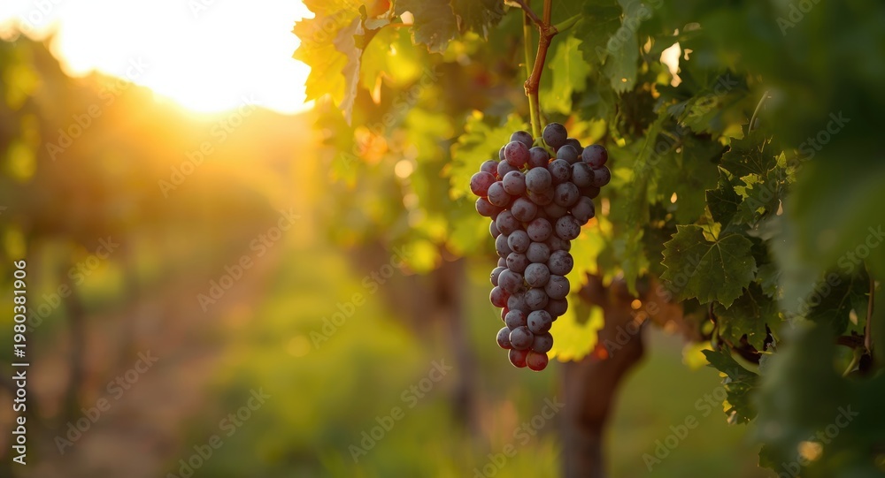 Naklejka premium Sunset lighting highlights ripe grapes clustered on the vine