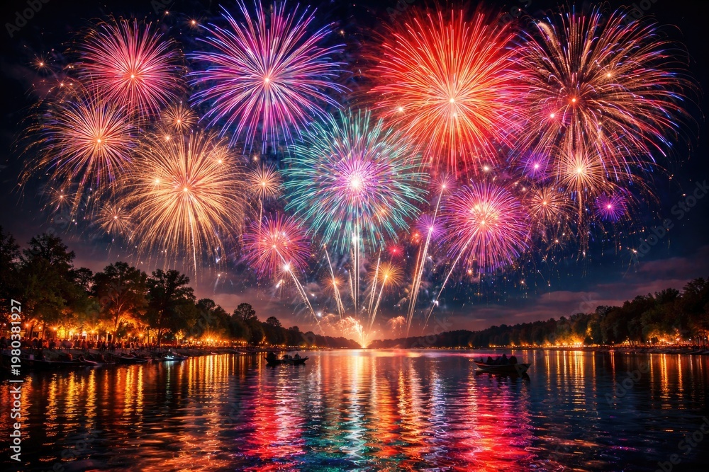 Obraz premium Colorful fireworks lighting up the night sky above a calm lake during festive celebrations