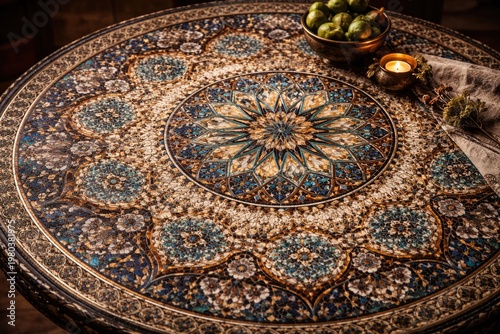 Handcrafted artisan mosaic tabletop with intricate patterns