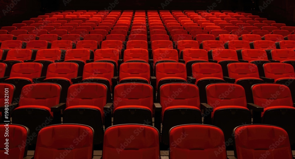 Fototapeta premium Unoccupied carmine chairs positioned in neat rectangular rows in theater