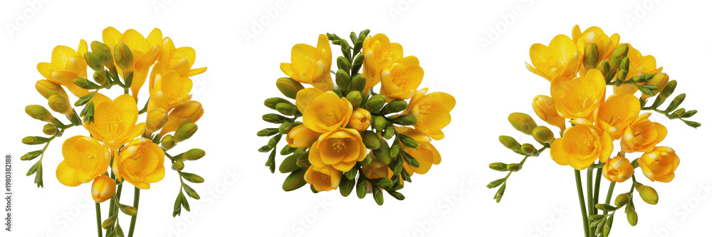 Fototapeta premium Set of Yellow Freesia Flowers and Buds Isolated on White Background, Fragrant Spring Floral Elements