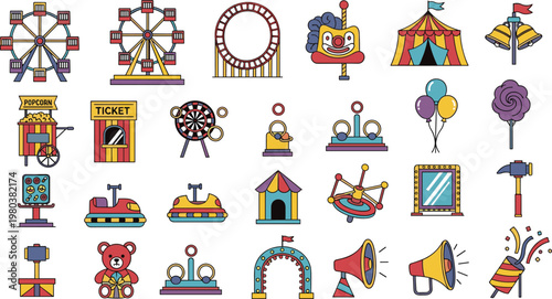 Amusement Park Vector Set with Ferris Wheel Carousel Circus Tent and Funfair Elements