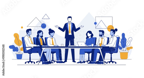 Business meeting with diverse team discussing strategy around a table with charts in background