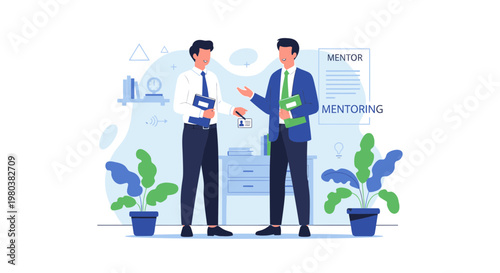 Business Mentor and Mentee Discussing Strategy in Modern Office with Plants