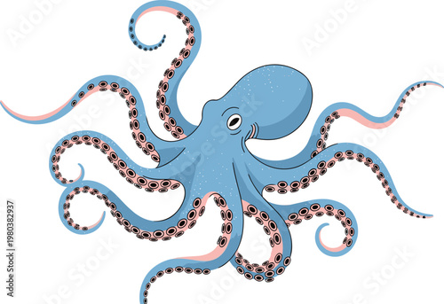 Blue octopus vector illustration, hand drawn sea creature with long tentacles and suckers, aquatic wildlife isolated on white background, ocean life,