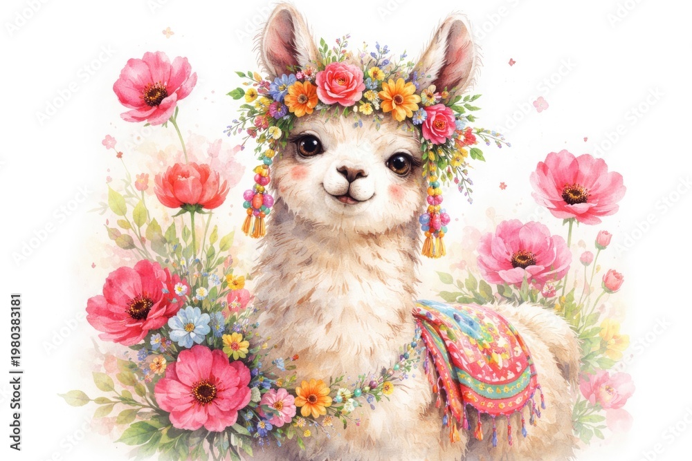 Fototapeta premium Playful Llama Decorated with Flowers in Watercolor Style on White Background