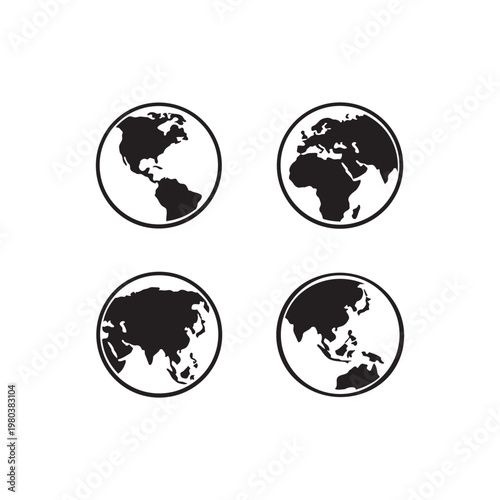 World Globe Earth Icon Set — Four Hemisphere World Map View Black and White Flat Icon Collection for Global Business International Travel and Geography Concept Design

