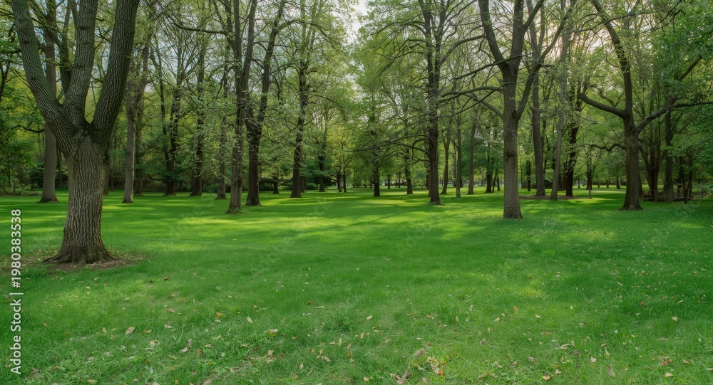 Fototapeta premium Wide grass surface texture mixed with tall trees and natural park elements