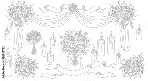 Intricate hand-drawn line art collection showcasing elegant floral bouquets, flowing ribbons, and glowing candles, ideal for refined wedding designs and festive celebrations