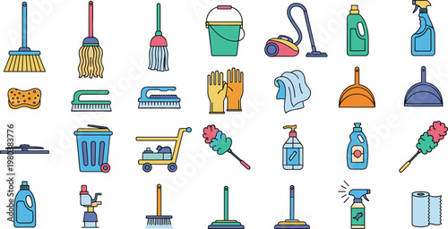 Cleaning Supplies Vector Set with Mop Broom Vacuum Detergent and Household Tools