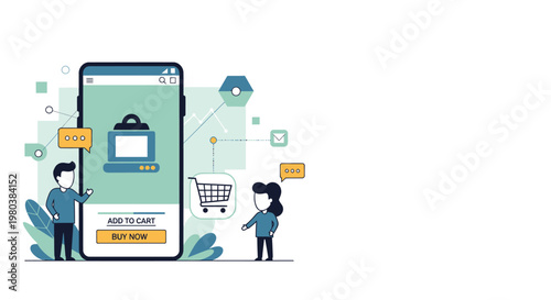 E-commerce mobile app design, shopping cart icons, online store illustration, digital marketing elements, vector graphics