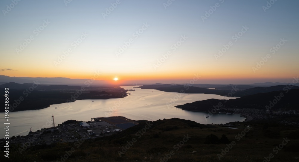 Fototapeta premium Calm sunrise view of port and surrounding mountain terrain