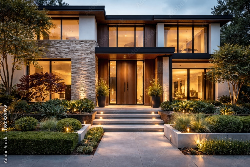 Fototapeta premium Modern house facade featuring a landscaped garden and main door