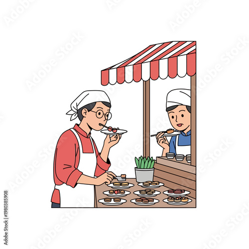 Illustration of two food stall vendors in aprons and kerchiefs tasting appetizers from small plates at a vendor booth with a red and white striped awning on white background.