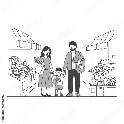 Black and white line art illustration of a father, mother, and son shopping together at an outdoor market, carrying reusable bags with fresh vegetables while walking between stalls.