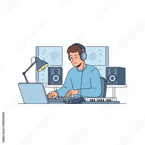 Vector illustration of a male music producer wearing headphones sitting at a desk with a laptop, MIDI keyboard, mixing console, and studio monitor speakers in a home recording studio environment.