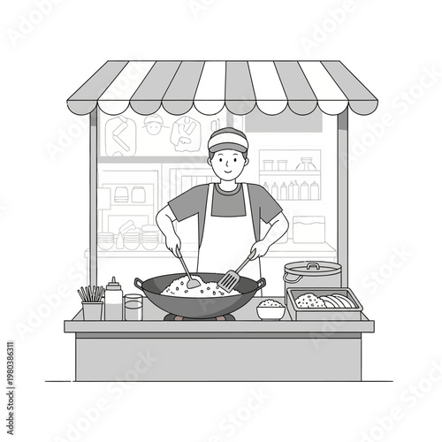 Black and white line art illustration of a male street food vendor cooking fried rice in a large wok at a market stall with a striped awning and kitchenware background.