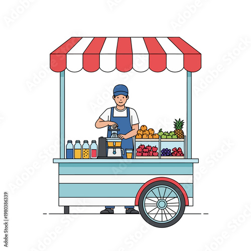 Vector illustration of a male street food vendor in a blue apron and cap, operating a juicer at a mobile juice stall with a red and white awning, fresh fruit, and colorful bottles.