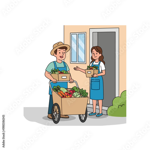 Flat Vector Illustration of a Male Street Vendor in a Hat Delivering a Box of Fresh Vegetables to a Female Customer at a House Entrance with a Cart Full of Produce
