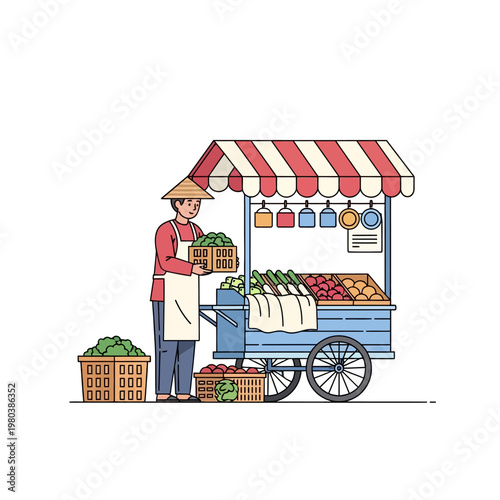 Flat vector illustration of an Asian street vendor wearing a conical hat and apron, selling fresh vegetables from a mobile blue cart with a striped awning, isolated on a white background.