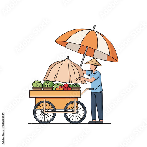 Vector illustration of an Asian street food vendor wearing a conical hat covering a two-wheeled vegetable cart with a tarp, featuring a striped umbrella on a white background.