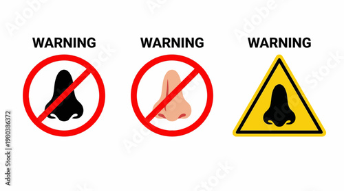 Visual alerts for nasal health and respiratory protection featuring various cautionary symbols to indicate danger or restriction