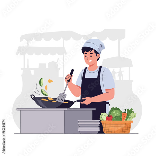 Vector illustration of a male street vendor in a black apron and white cap stir-frying vegetables in a wok at an outdoor market stall with fresh produce in a basket.