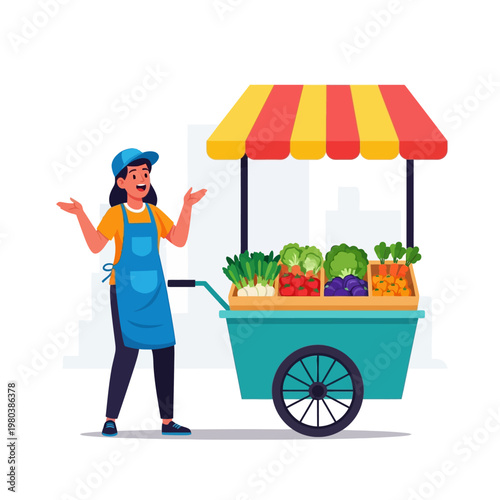 Flat vector illustration of a female street vendor wearing a blue apron and cap gesturing beside a mobile vegetable cart with a striped awning, selling fresh produce and greens.