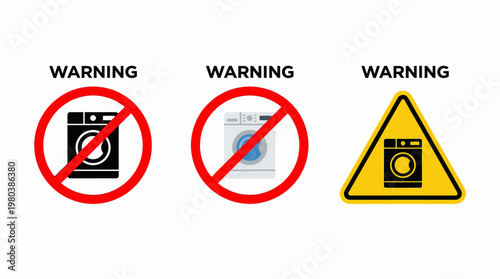 Graphic warning signs for laundry care, illustrating machine washing prohibition and offering cautionary advice for textile maintenance and safe household appliance usage