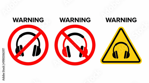Set of graphic symbols depicting 'no headphones' or 'caution with headphones' in red circles and yellow warning triangles, signaling audial safety