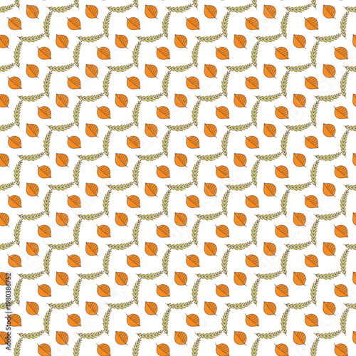 Autumn Leaf Seamless Pattern With Orange Leaves and Olive Twigs on White Background