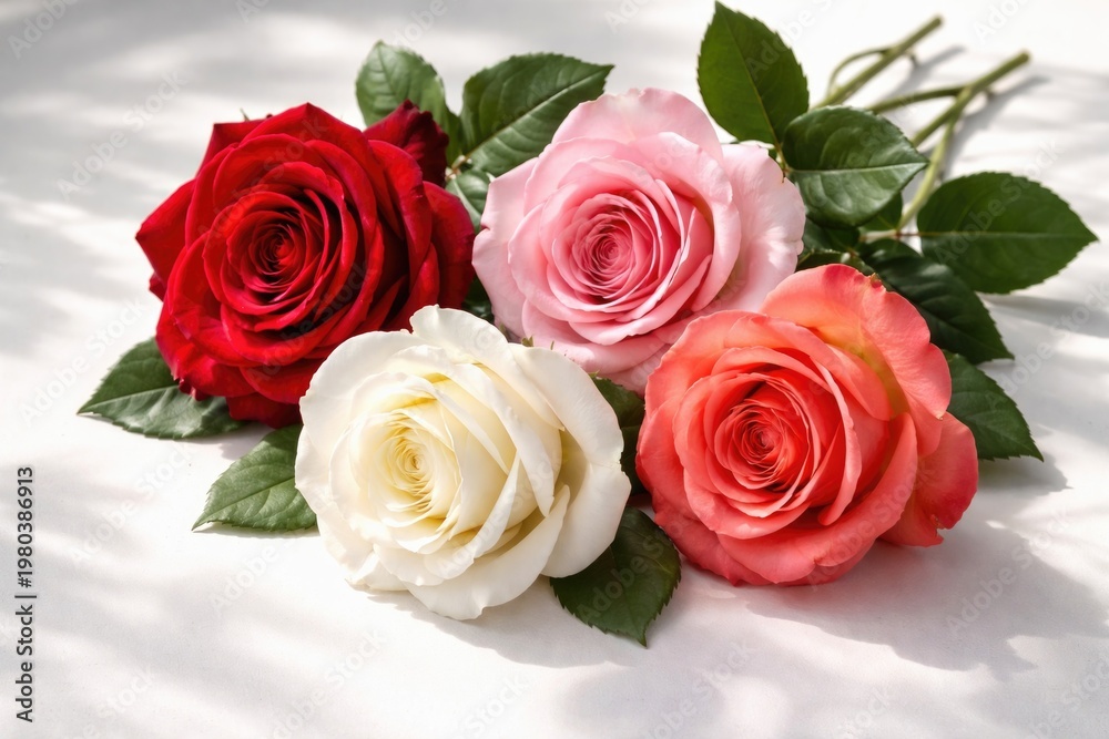 Fototapeta premium Four Vibrant Roses on White Surface with Soft Shadows