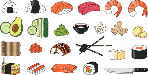 Japanese Food Sushi Vector Set with Salmon Nigiri Rolls Wasabi and Asian Cuisine